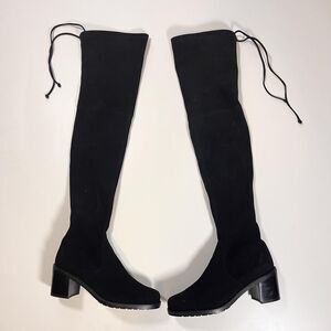 Stuart Weitzman Suede Tieland Boots 8 Black Over The Knee Chunky Block Heel